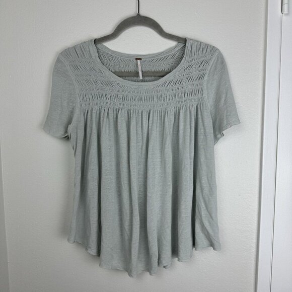 Free People Tops - Free People Flowy Babydoll Stretchy Shirt Large Green Gauzy Rayon Linen Festival
